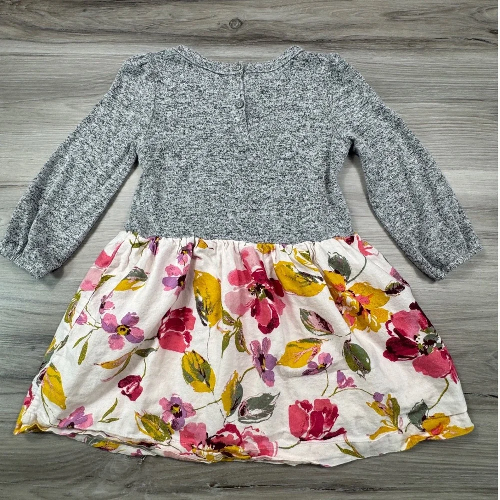 Gap Toddler Girls Long Sleeve Floral Mixed‎ Media Dress Grey Pink Yellow Size 3T